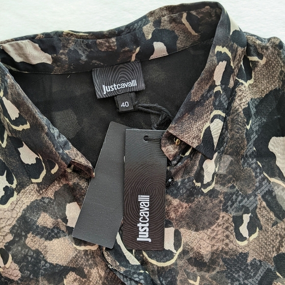 Just Cavalli Button Front 100% Silk Sheer Animal Reptile Print Sheer S IT40 NWT - Picture 15 of 15